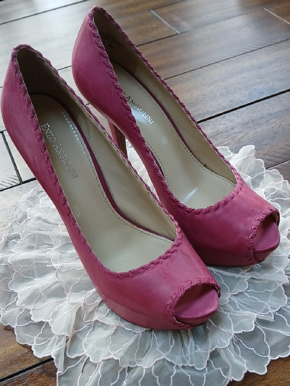 Enzo Angiolini Purple Peep Toe Stiletto Heels with Whipstitch Trim